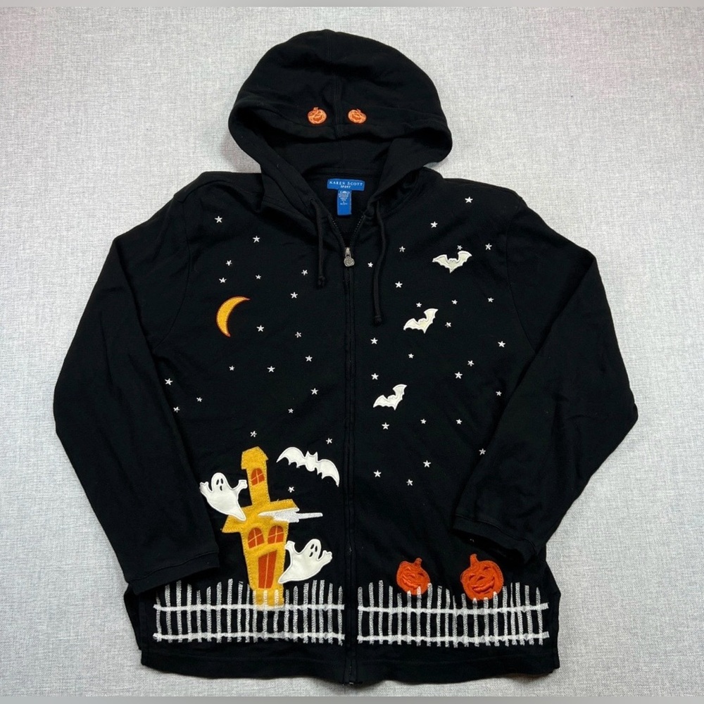 Karen Scott Sport Women L Halloween Hoodie Full Zip Ghost Bat Pumpkin Spooky